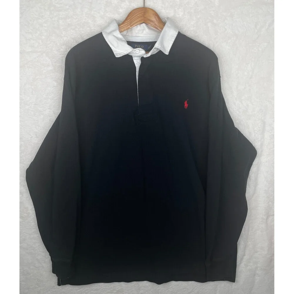 Polo Ralph Lauren Shirt Mens 2XB Black Long Sleeve Polo Red Pony Cotton